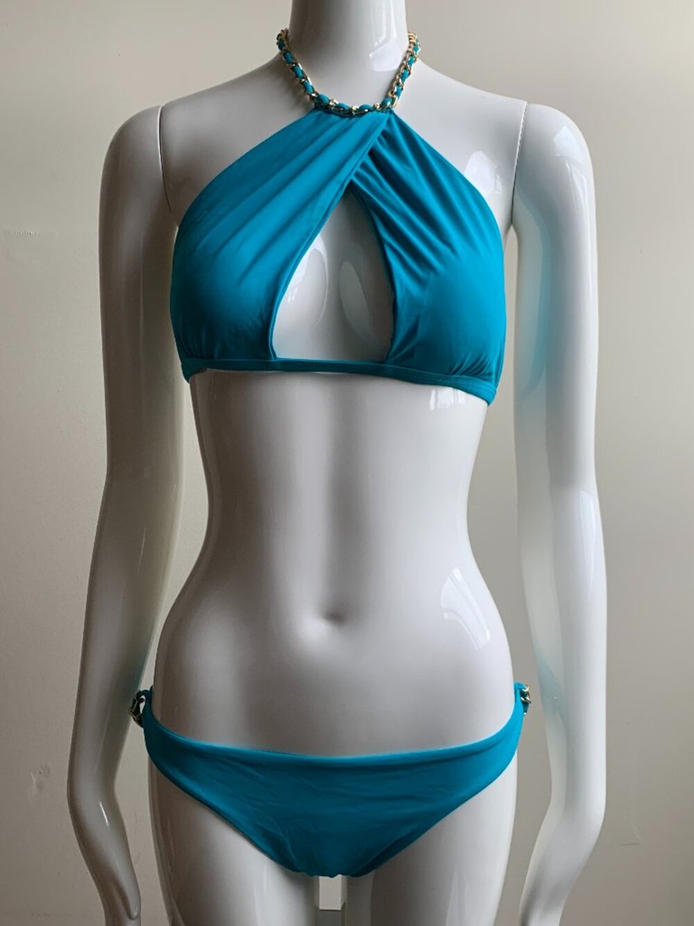 Sauvage california Turquoise Blue Gold Chain high neck bikini